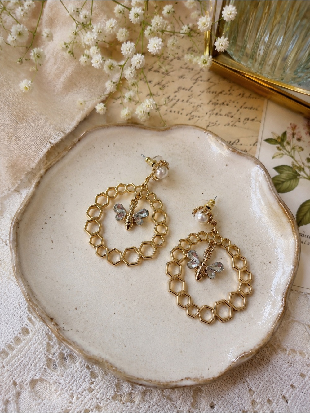 Gold Tone Honeycomb Hoop Earrings with Crystal Bee Accent - Women Jewelry